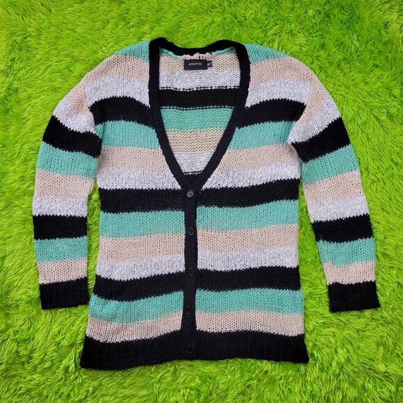MINKPINK Blue Black Cream Chunky Knit Striped Button Up Sweater Cardigan, M/L - Picture 2 of 4